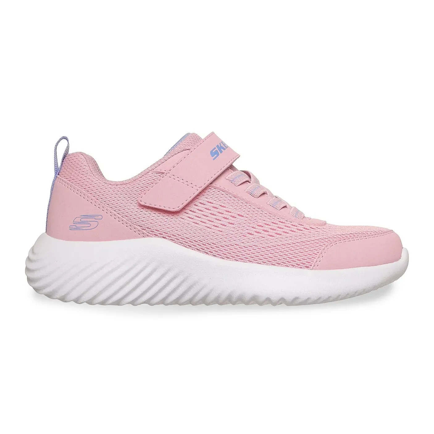 Tênis infantil rosa claro da Skechers com detalhes em azul e branco, design respirável com mesh e fechamento por velcro